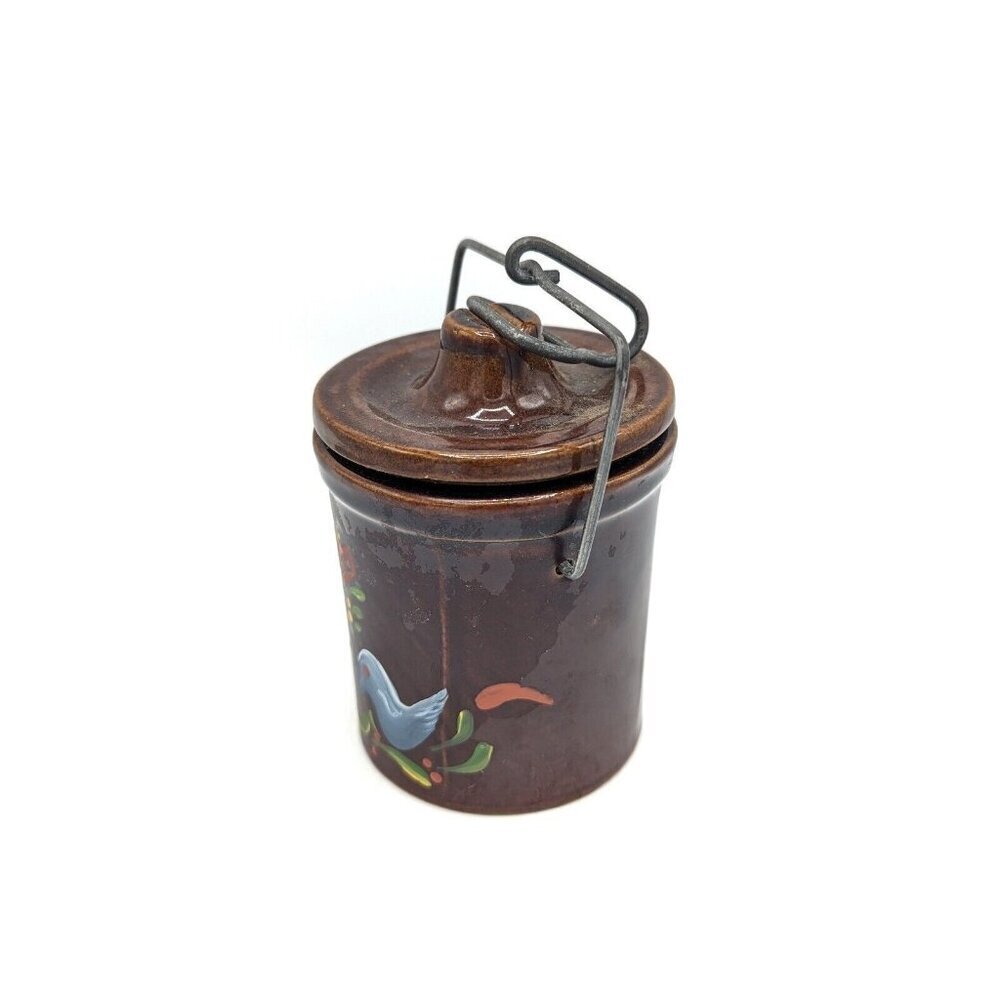 Vintage Stoneware Crock with Clasped Lid Hand Painted Folk Art Jam Jar Birds 5" - Picture 2 of 5